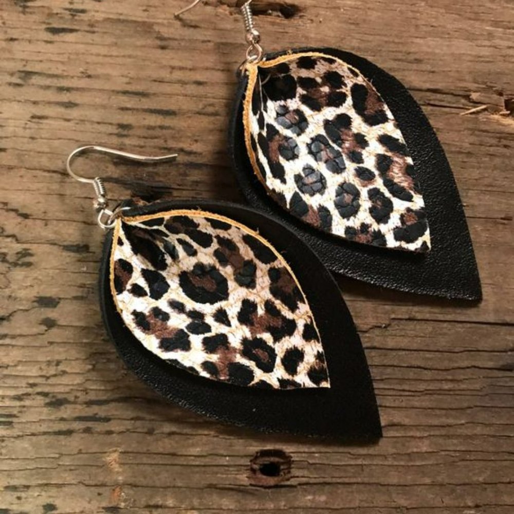 Black and Leopard Leather Earrings